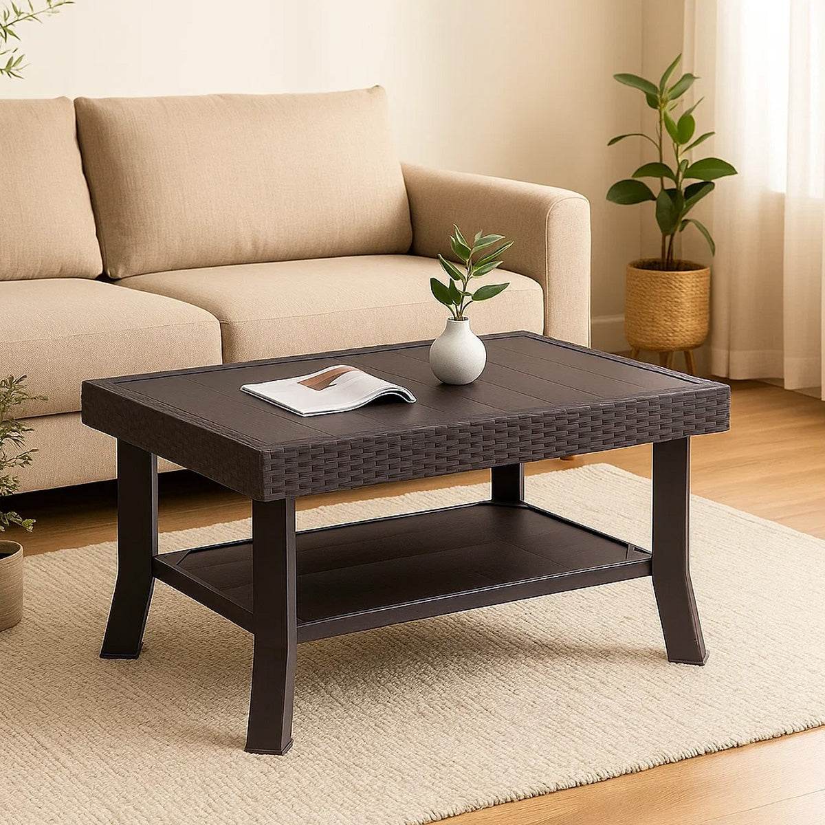 Nilkamal Center Table 1 Cane & Glass (Weather Brown)