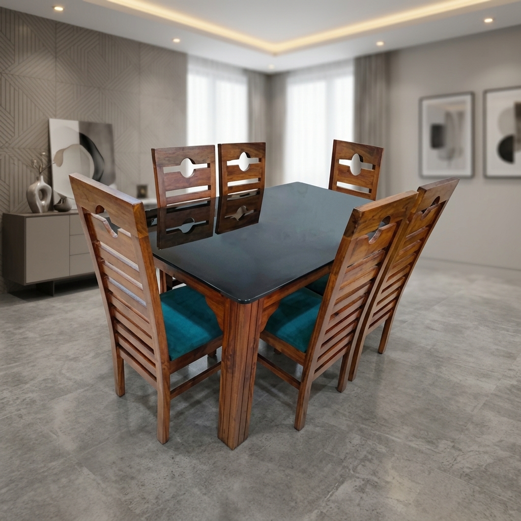 VK Eye Model Wood 6 Seater Dining set — VK Furniture & Electronics | VK Furniture Mangalore
