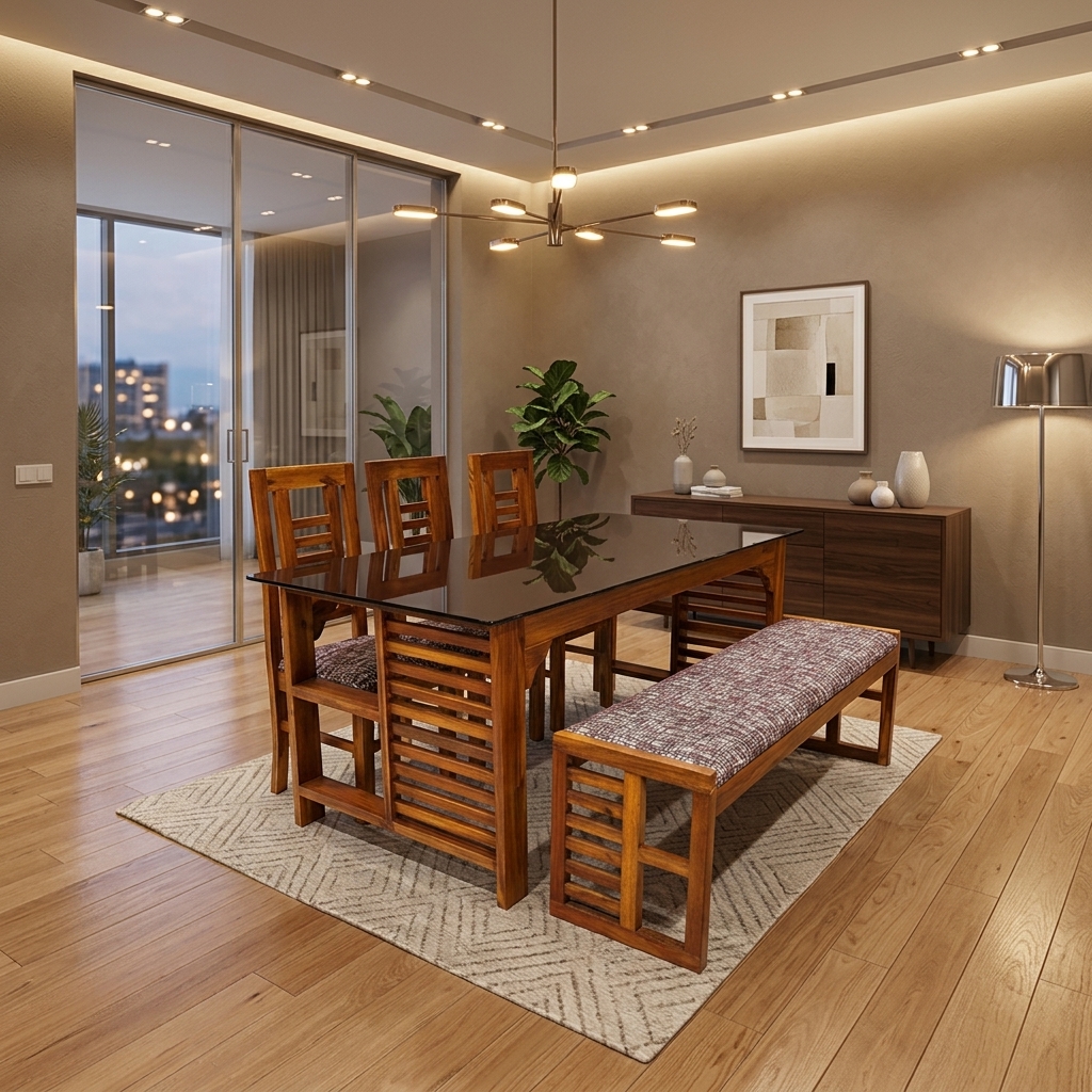 VK Parker Model Dining Set With 3 chair & 1 Bench — VK Furniture & Electronics | VK Furniture Mangalore