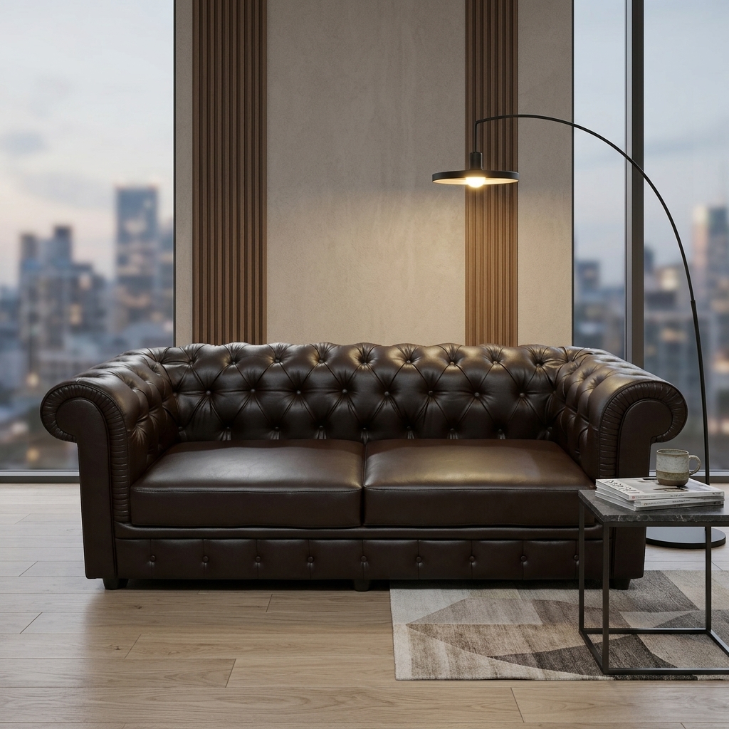 VK Rustic Button Model 3 Seater Sofa — VK Furniture & Electronics | VK Furniture Mangalore