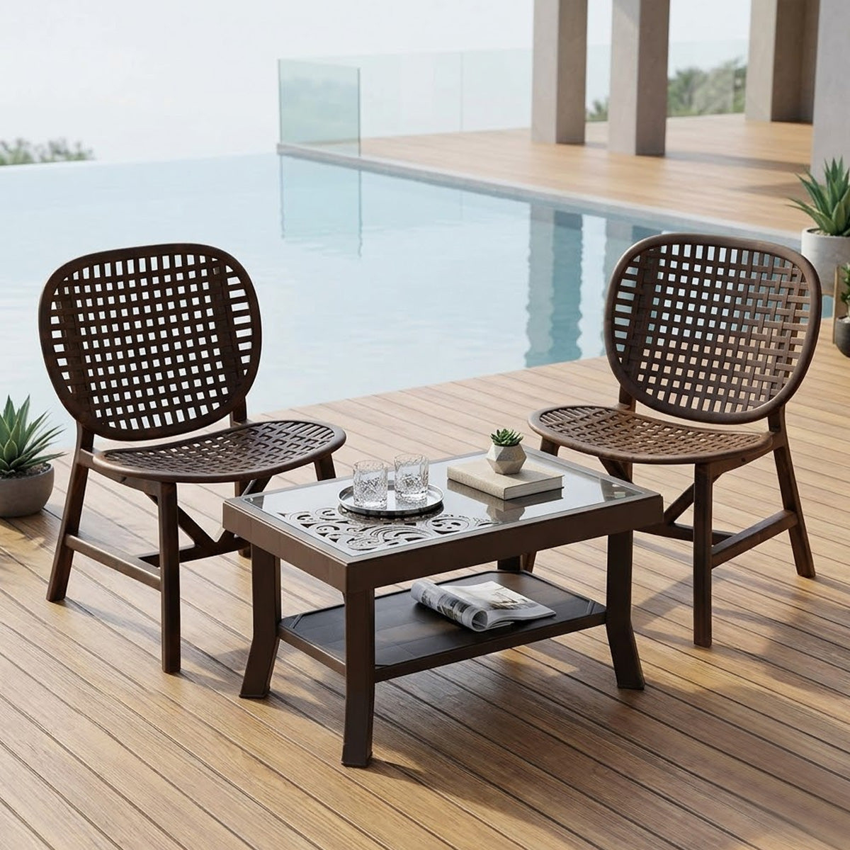 NILKAMAL ARENA CHAIRS AND GLASS TOP COFFEE TABLE PLASTIC OUTDOOR SET (WALNUT & WEATHER BROWN) — Nilkamal | VK Furniture Mangalore
