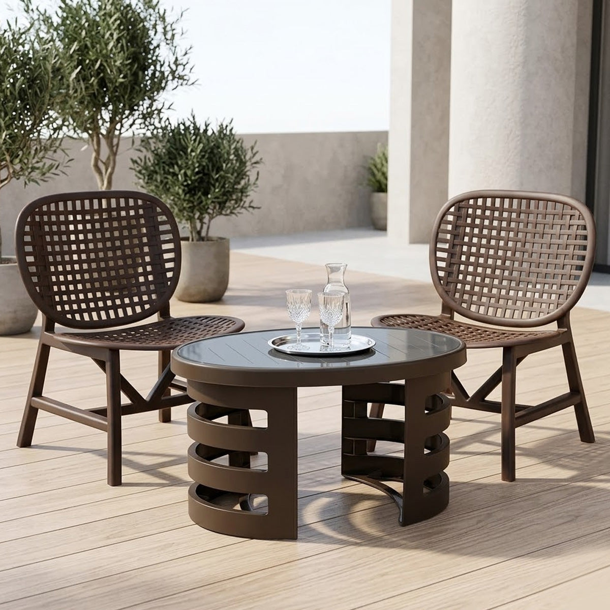 NILKAMAL ARENA CHAIRS AND MYSTIQUE GLASS TOP COFFEE TABLE PLASTIC OUTDOOR SET (WALNUT & SEASON RUST BROWN) — Nilkamal | VK Furniture Mangalore