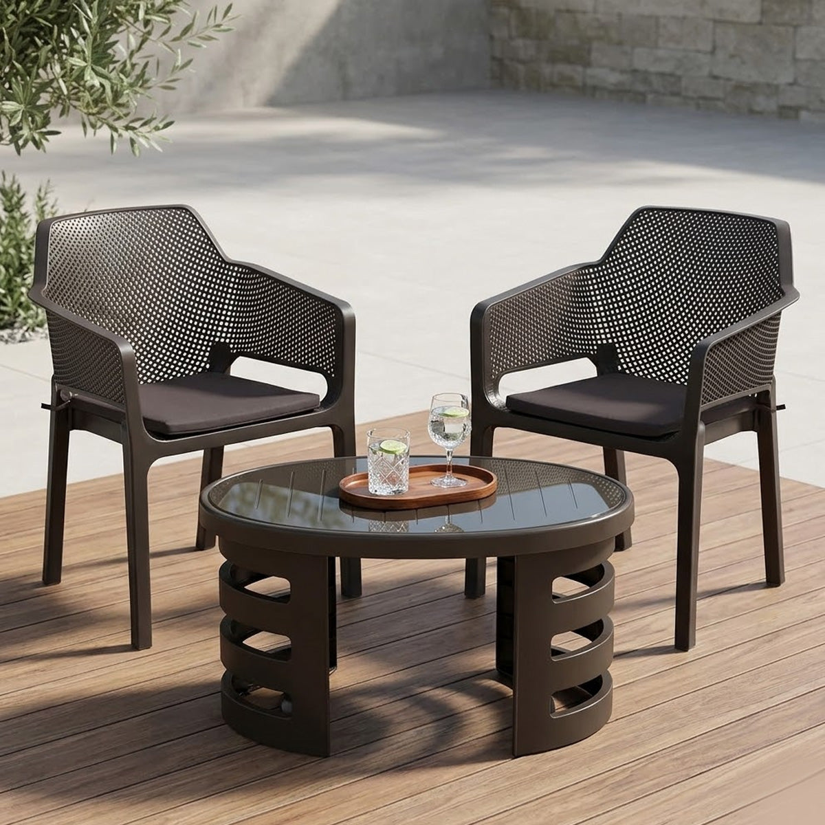 NILKAMAL CAPTAIN CHAIRS AND MYSTIQUE GLASS TOP COFFEE TABLE PLASTIC OUTDOOR SET (SEASON RUST BROWN) — Nilkamal | VK Furniture Mangalore