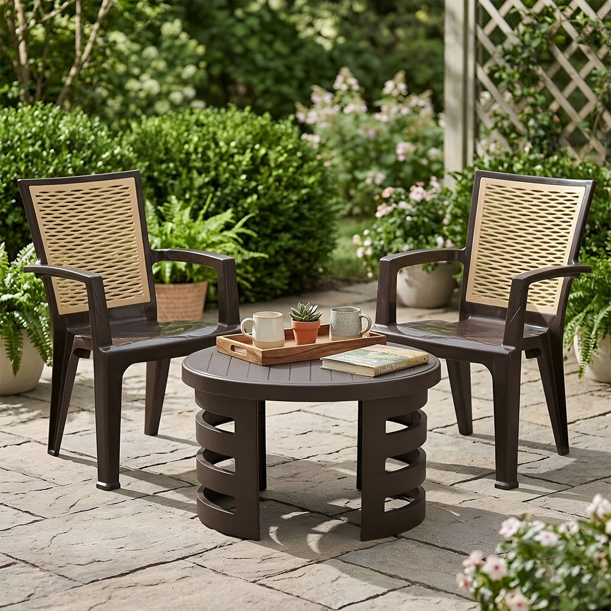 NILKAMAL CHR2226 CHAIRS AND MYSTIQUE GLASS TOP COFFEE TABLE PLASTIC OUTDOOR SET (SEASON RUST BROWN & BISCUIT) — Nilkamal | VK Furniture Mangalore