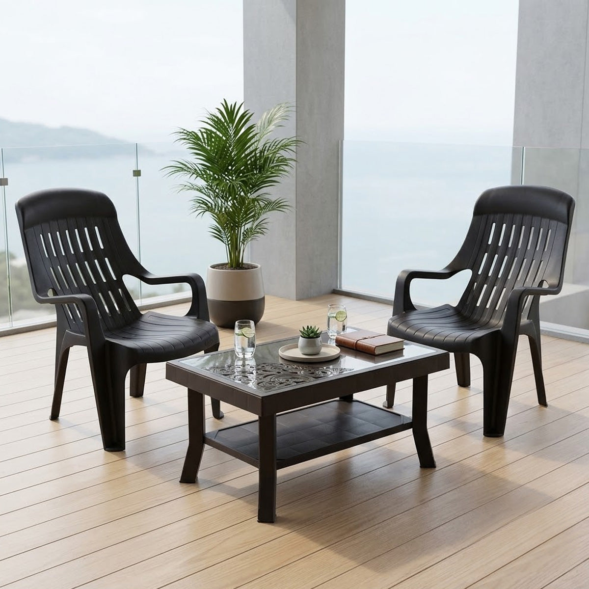 NILKAMAL WEEKENDER CHAIRS AND GLASS TOP COFFEE TABLE PLASTIC OUTDOOR SET (WEATHER BROWN) — Nilkamal | VK Furniture Mangalore