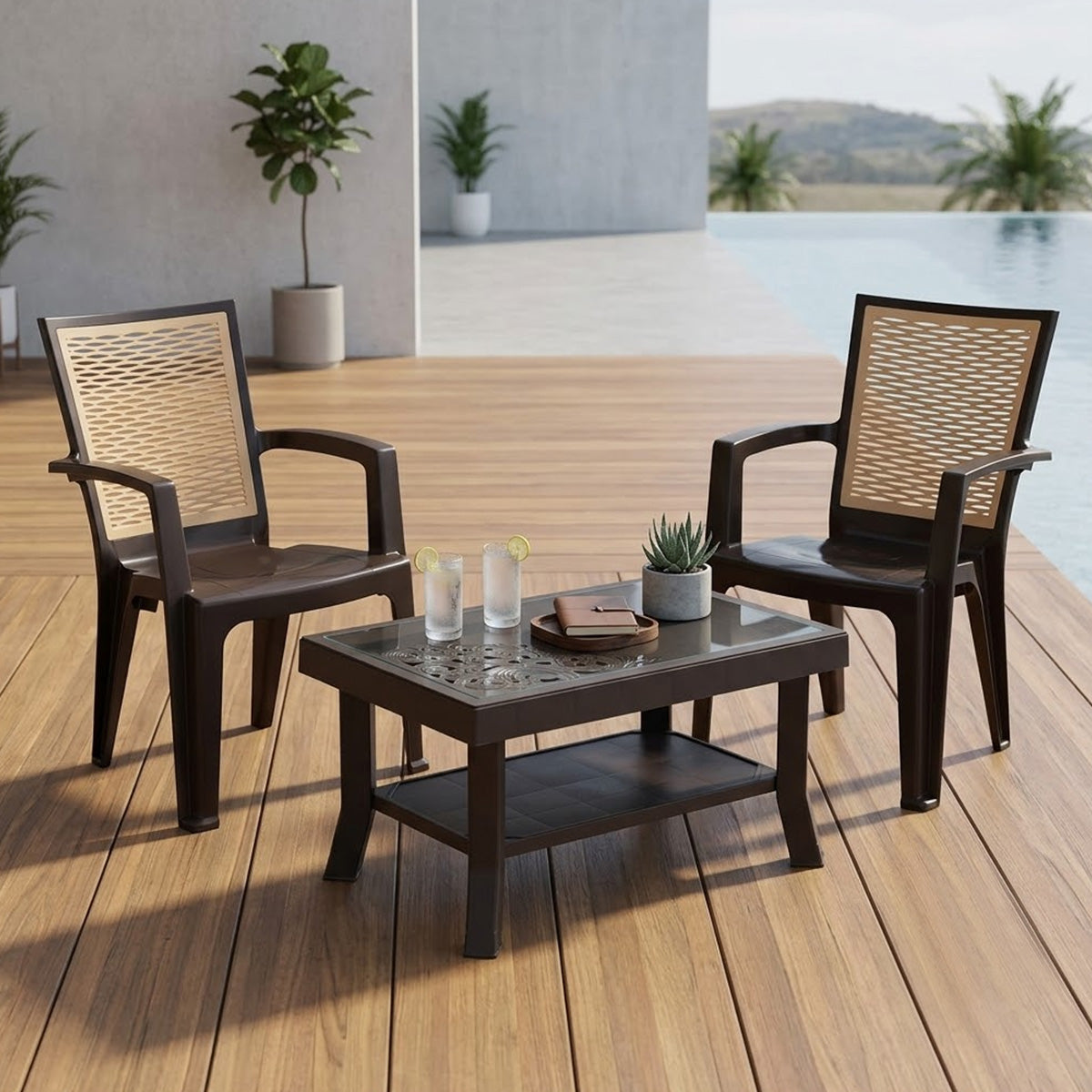 Nilkamal CHR2226 Chairs and Glass Top Coffee Table Plastic Outdoor Set (Season Rust Brown/Biscuit & Weather Brown)