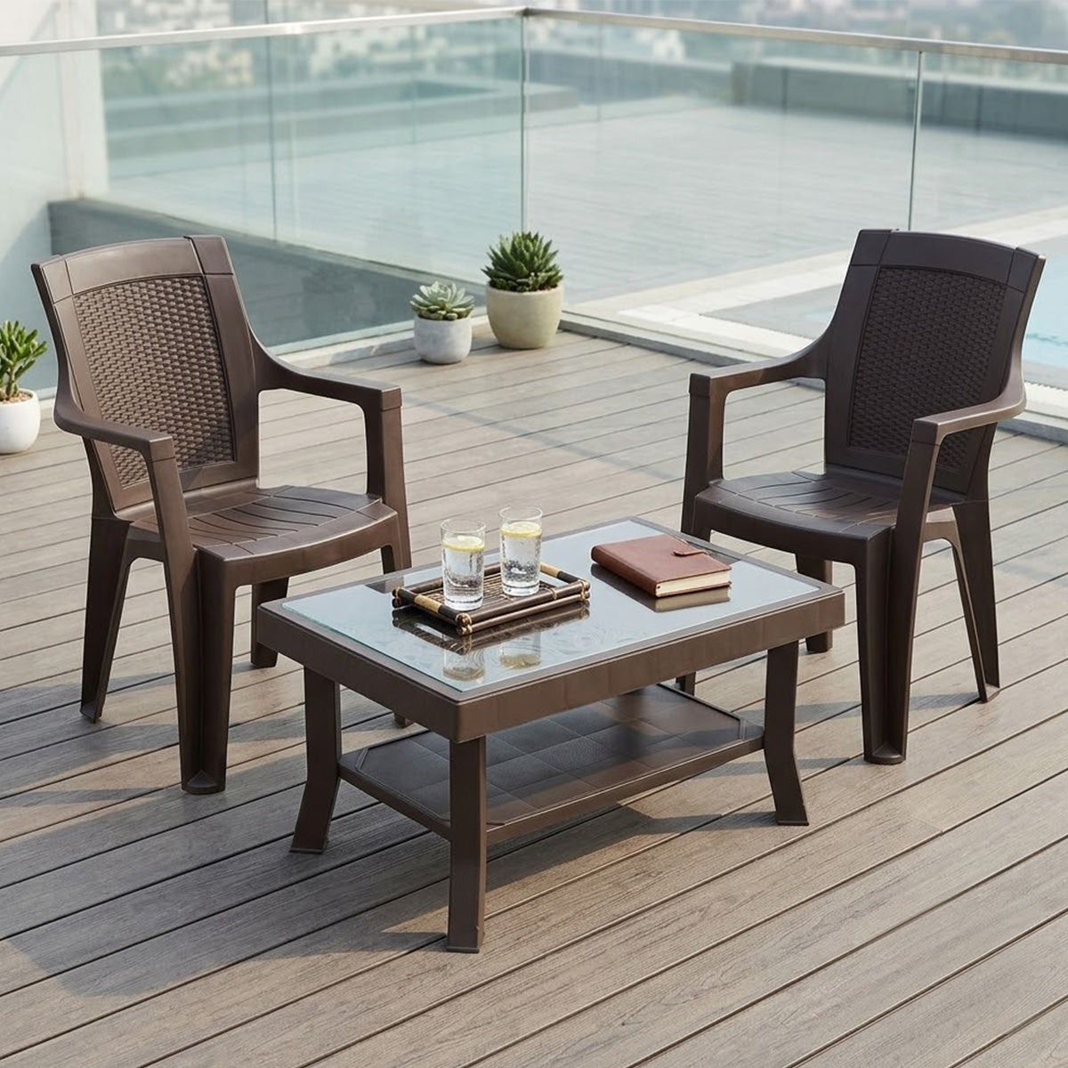 NILKAMAL MYSTIQUE CHAIRS AND GLASS TOP COFFEE TABLE PLASTIC OUTDOOR SET (2 SEATER, SEASON RUST BROWN & WEATHER BROWN) — Nilkamal | VK Furniture Mangalore