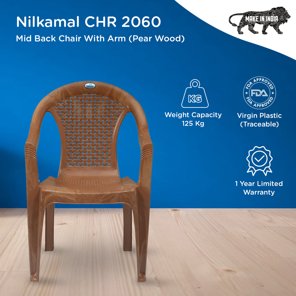 Nilkamal CHR2051 Plastic Arm Chair (Pear Wood) - Nilkamal | VK Furniture & Electronics Mangalore