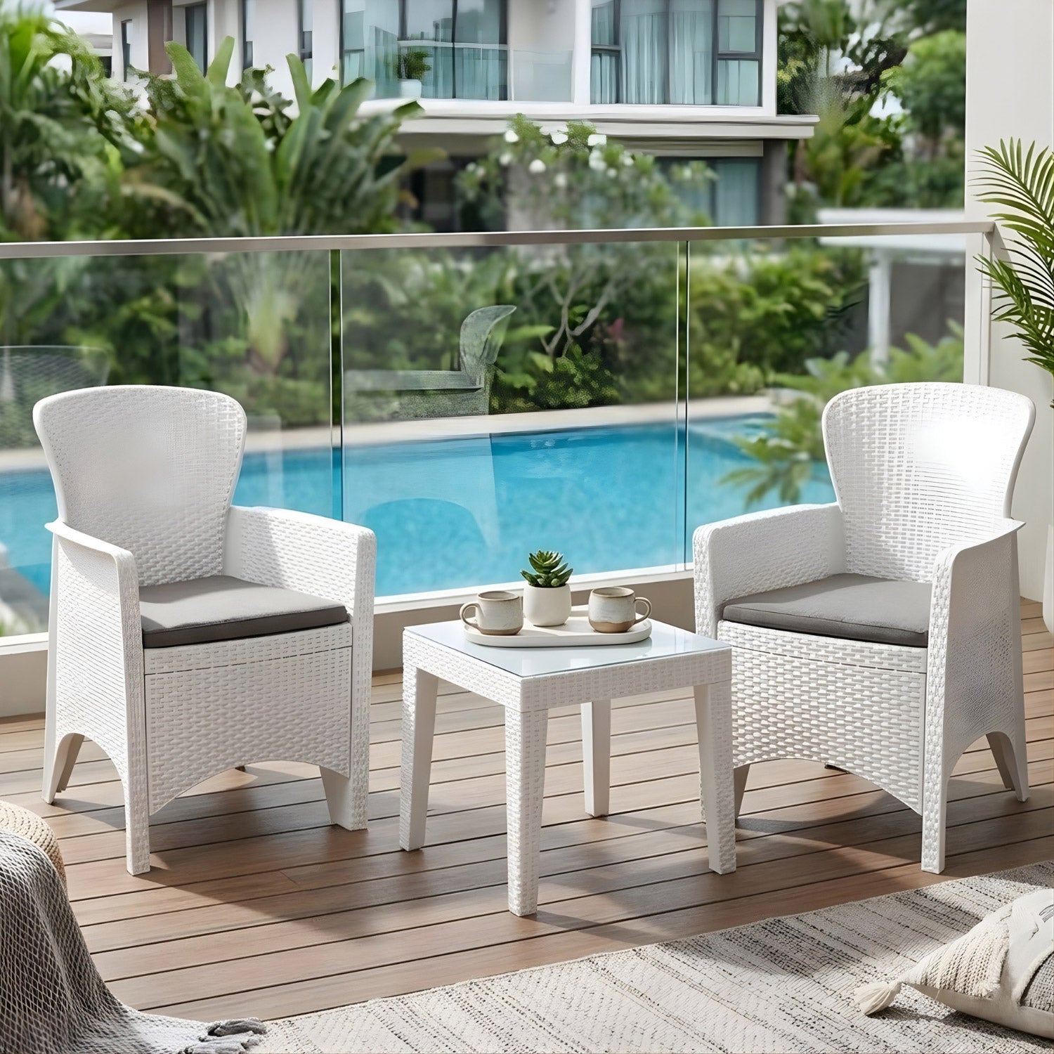 NILKAMAL BREEZE OUTDOOR SET OF 1 CENTER TABLE WITH GLASS AND 2 CHAIRS WITH CUSHION — Nilkamal | VK Furniture Mangalore