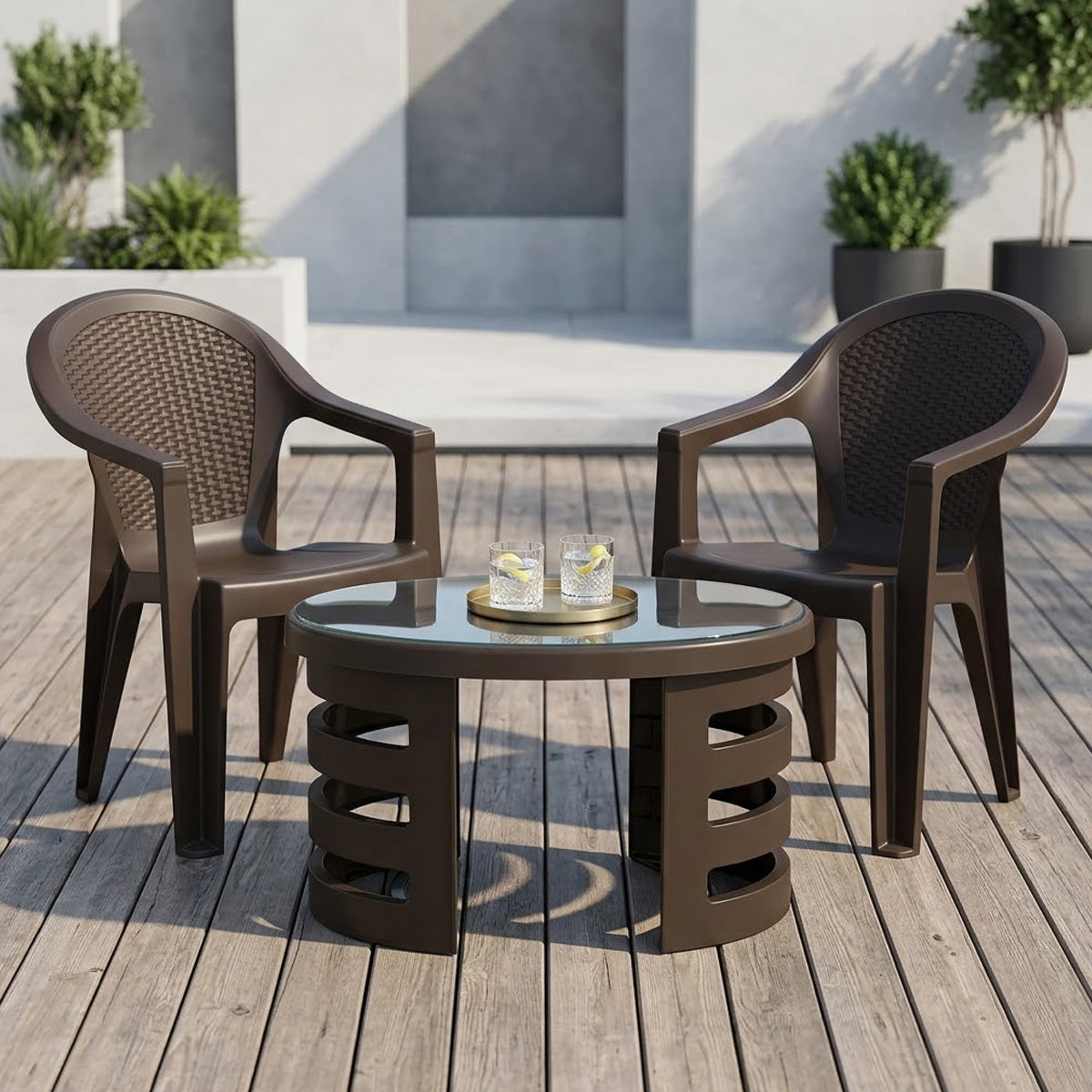Nilkamal Exotica Chairs and Mystique Glass Top Coffee Table Plastic Outdoor Set (Season Rust Brown) - Nilkamal | VK Furniture & Electronics Mangalore