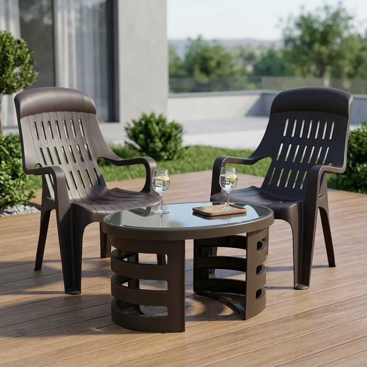 Nilkamal Weekender Chairs and Mystique Glass Top Coffee Table Plastic Outdoor Set (Weather Brown & Season Rust Brown) - Nilkamal | VK Furniture & Electronics Mangalore