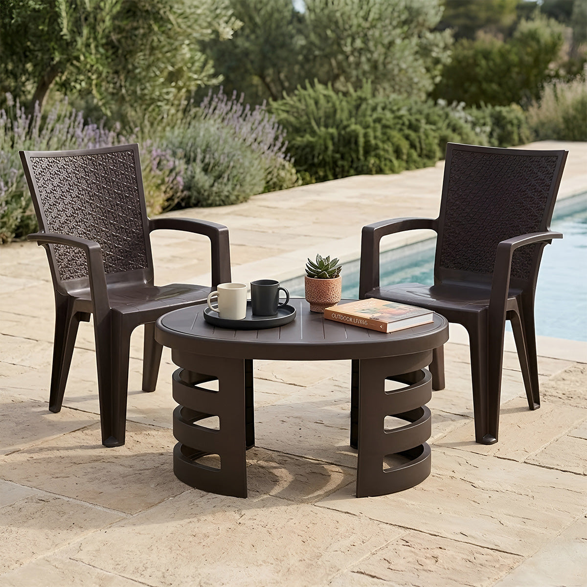 Nilkamal CHR2225 Chairs and Mystique Glass Top Coffee Table Plastic Outdoor Set (Weather Brown & Season Rust Brown) - Nilkamal | VK Furniture & Electronics Mangalore