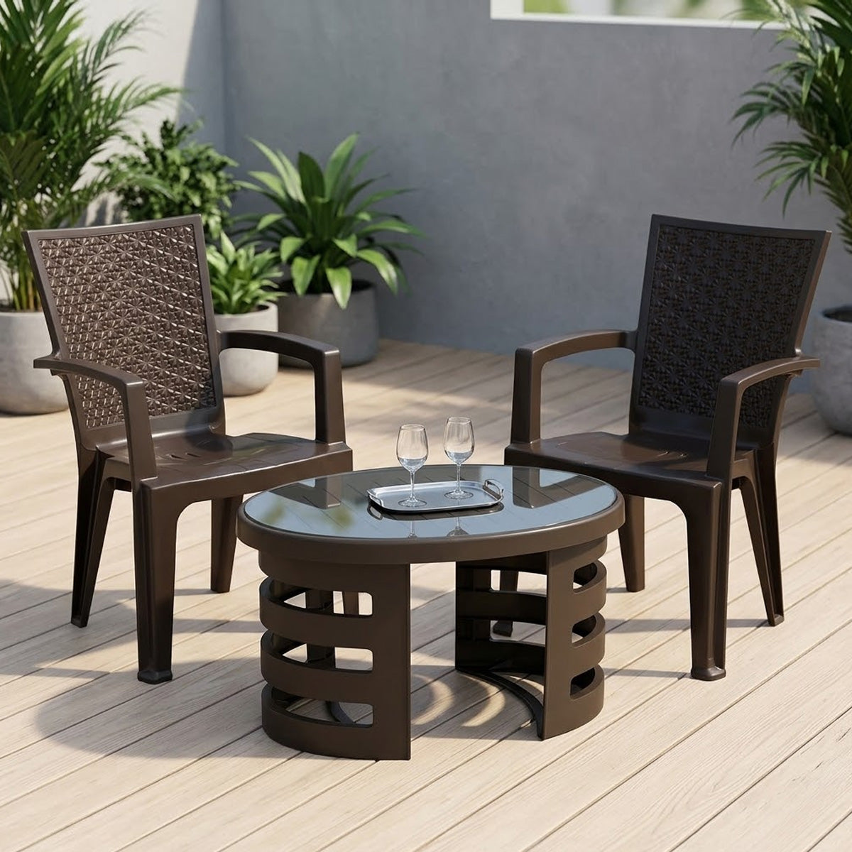 Nilkamal CHR2225 Chairs and Mystique Glass Top Coffee Table Plastic Outdoor Set (Weather Brown & Season Rust Brown) - Nilkamal | VK Furniture & Electronics Mangalore