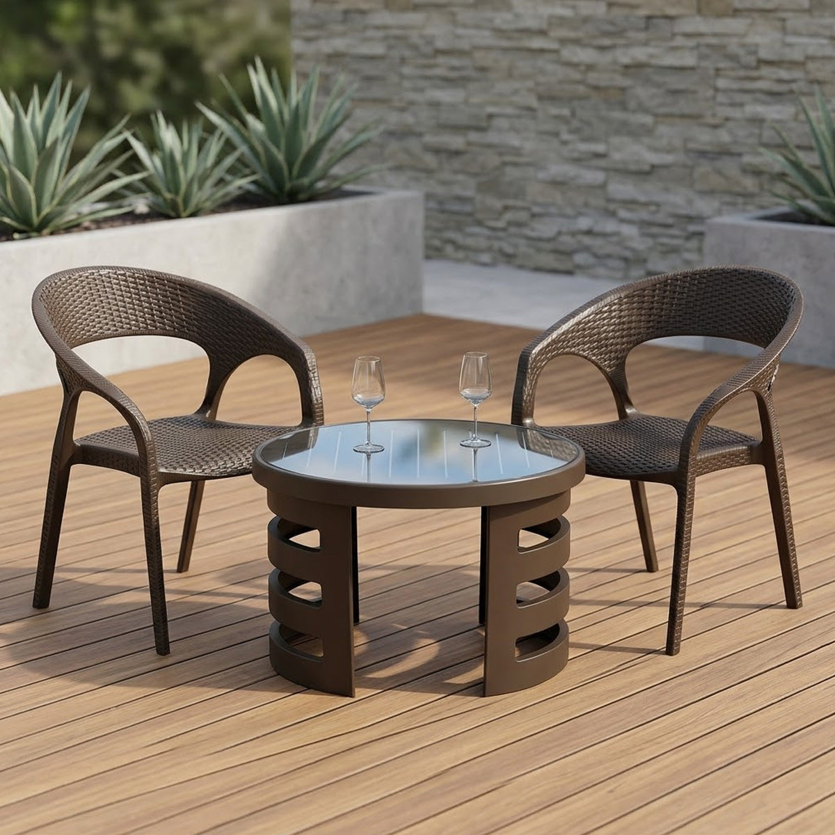 Nilkamal Club Chairs and Mystique Glass Top Coffee Table Plastic Outdoor Set (Season Rust Brown) - Nilkamal | VK Furniture & Electronics Mangalore