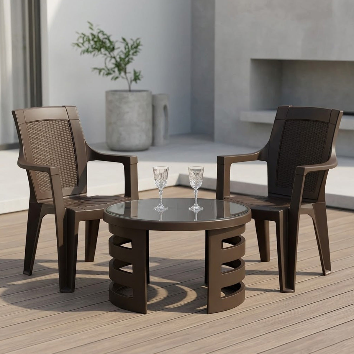 Nilkamal Mystique Plastic Outdoor Set with 2 Chairs and 1 Table (Season Rust Brown) - Nilkamal | VK Furniture & Electronics Mangalore