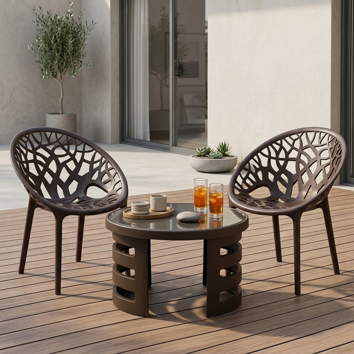 Nilkamal Crystal Chairs and Mystique Glass Top Coffee Table Plastic Outdoor Set (Weather Brown & Season Rust Brown) - Nilkamal | VK Furniture & Electronics Mangalore