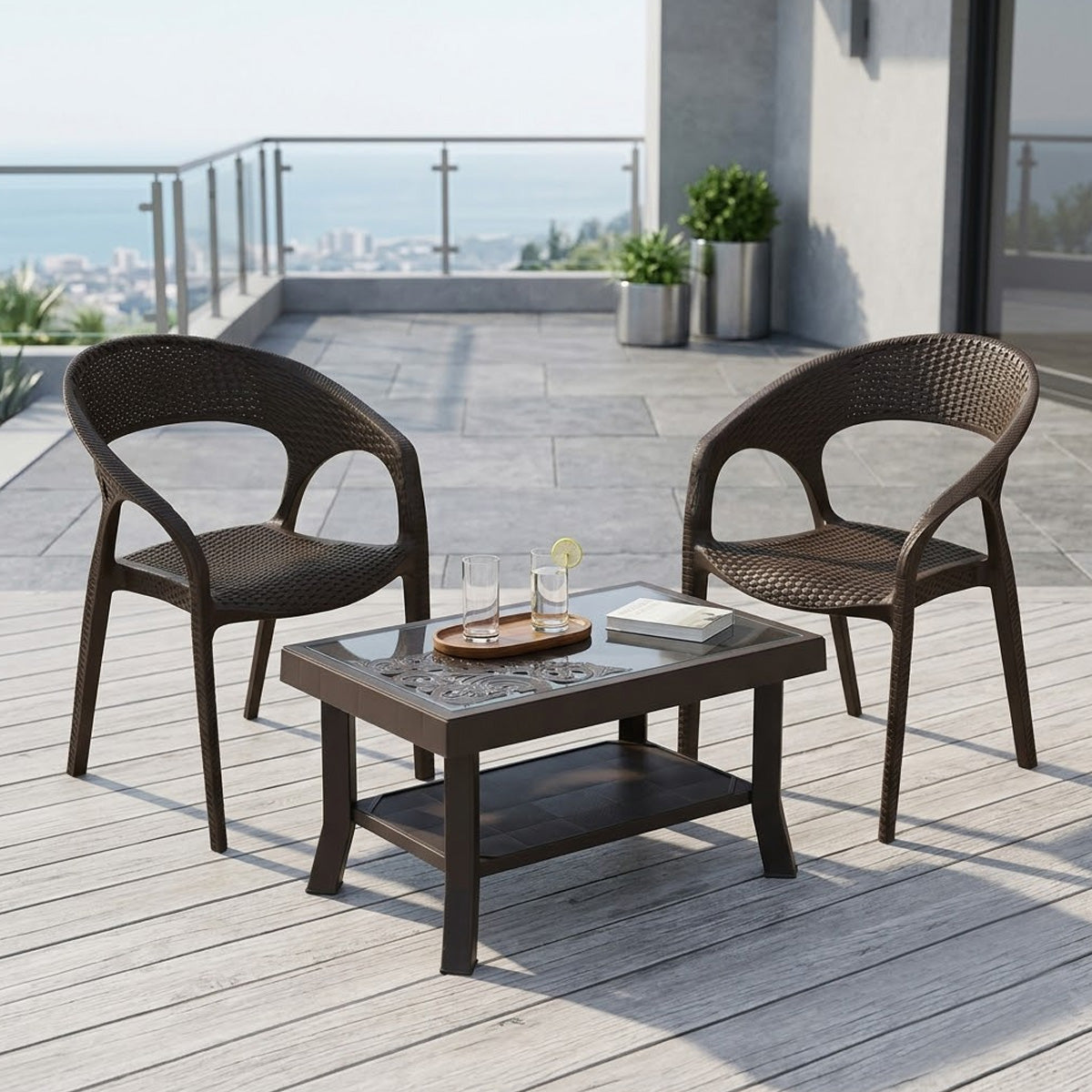 Nilkamal Club Chairs and Glass Top Coffee Table Plastic Outdoor Set (Season Rust Brown & Weather Brown) - Nilkamal | VK Furniture & Electronics Mangalore