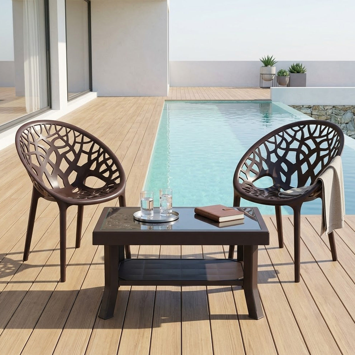 Nilkamal Crystal Chairs and Glass Top Coffee Table Plastic Outdoor Set (Weather Brown) - Nilkamal | VK Furniture & Electronics Mangalore
