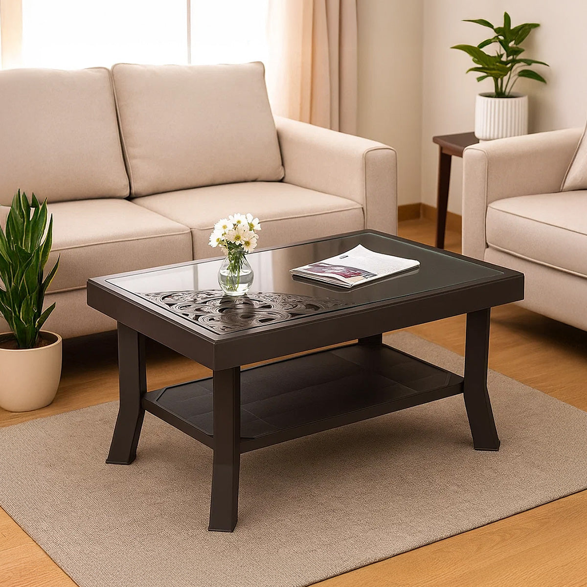 Nilkamal Center Table 2 Carv & Glass (Weather Brown)