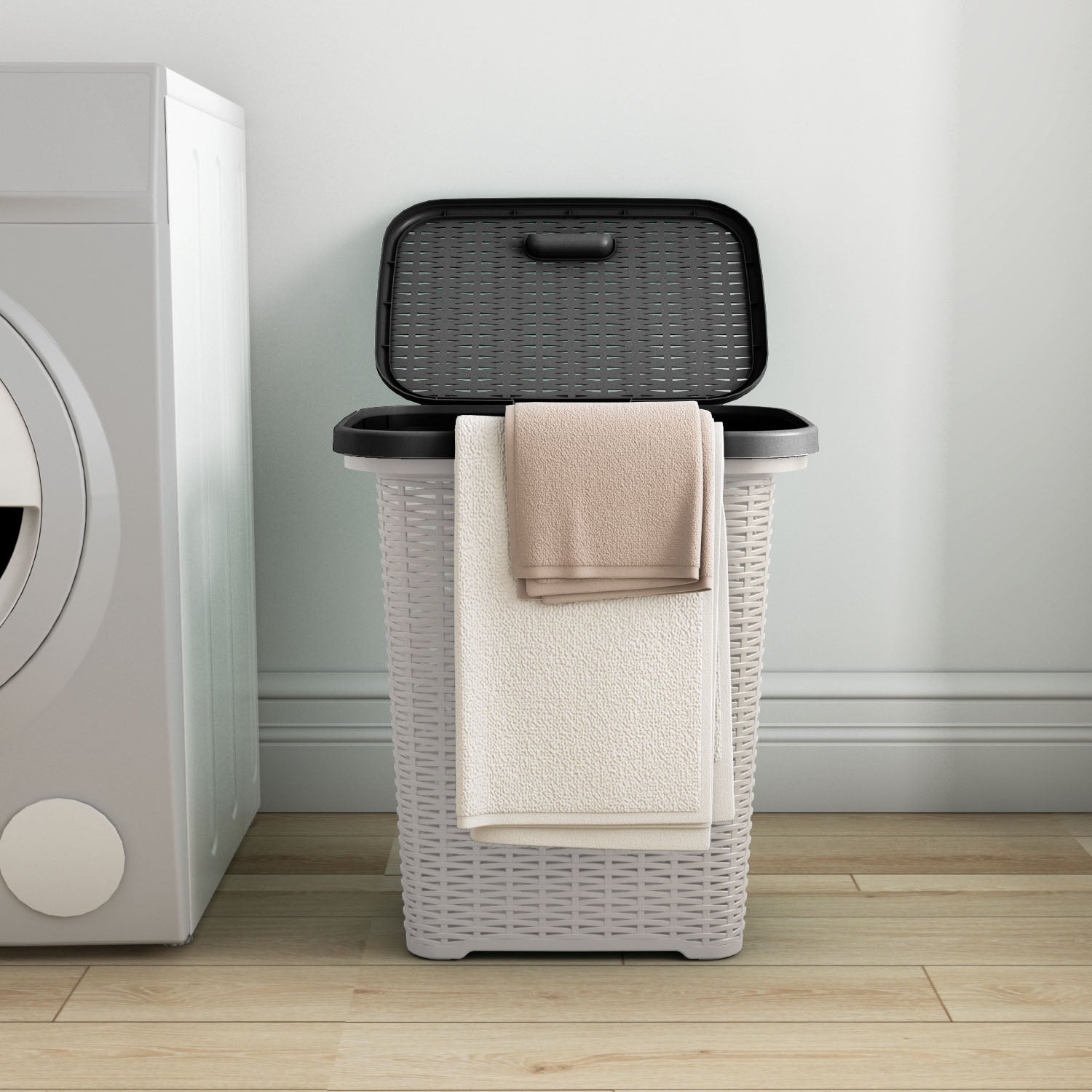 Nilkamal Elegance Laundry Basket 50 Litre with Lid  (Silky Grey & Charcoal Grey) - Nilkamal | VK Furniture & Electronics Mangalore
